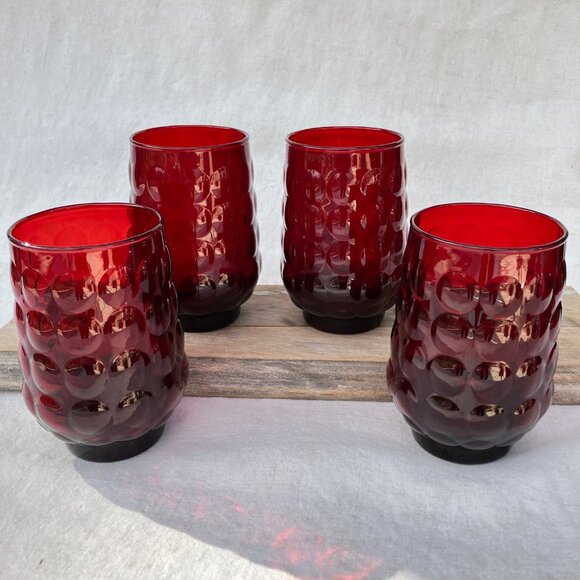 Anchor Hocking Red Bubble Ruby Glass 12oz Flat Tea Tumbler -Set of 4 - Picture 1 of 7